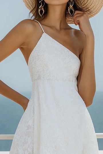 A Line One Shoulder Lace Witte Afstuderen Jurk